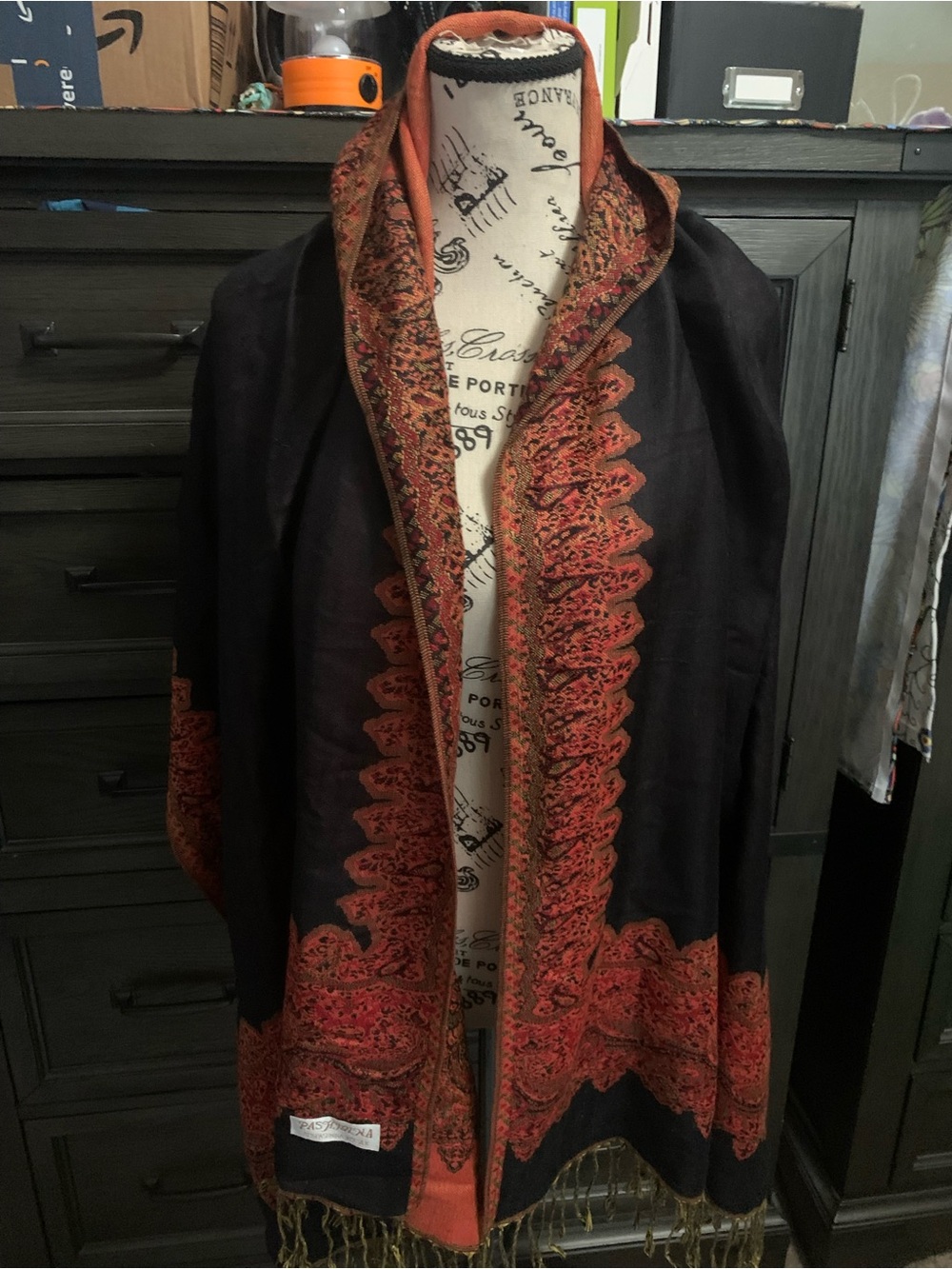 Black Shawl Jacket with Red Paisley Trim